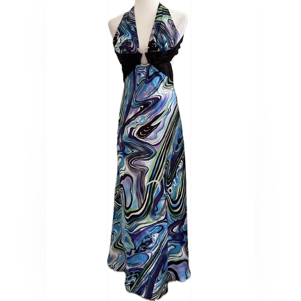 Morgan & Company Y2K Gown Multi Abstract Print Rhinestone Detail NWT, Size 3/4